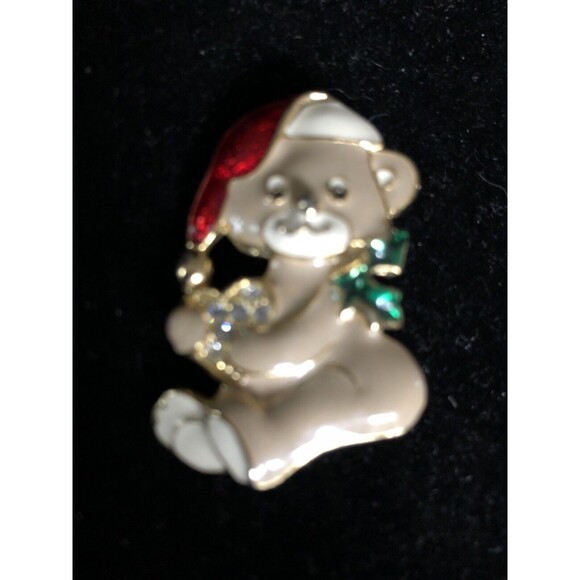 Vintage signed SFJ Christmas Teddy Bear Brooch/Pin Rhinestone & Enamel EC - Picture 2 of 6